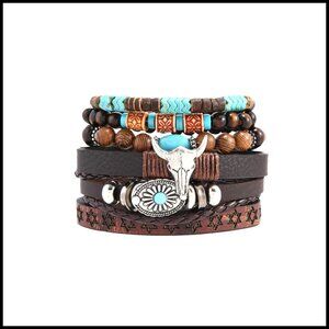 Adjustable Boho Leather Bracelet Cow Head Charm Stretch Western Jewelry